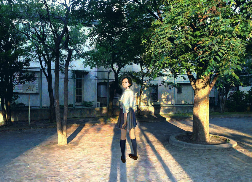 1girl black_footwear black_hair black_legwear black_skirt from_behind hironoshousei leaf looking_at_viewer looking_back original plant pleated_skirt scenery school_uniform shadow shirt shoes skirt socks solo tree white_shirt wide_shot