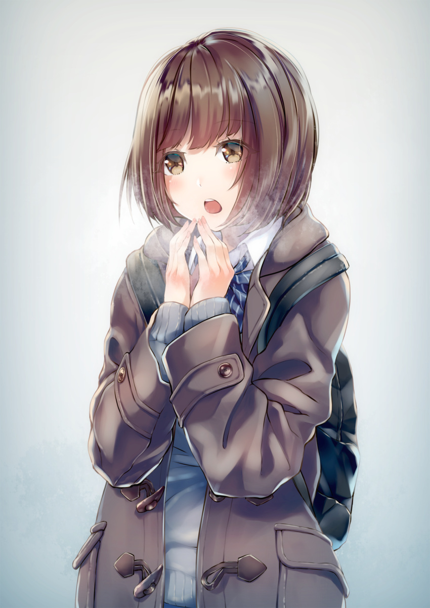 1girl backpack bag bob_cut breath brown_hair cold hands_together highres jacket open_mouth original school_uniform short_hair solo yellow_eyes yuu_knmy