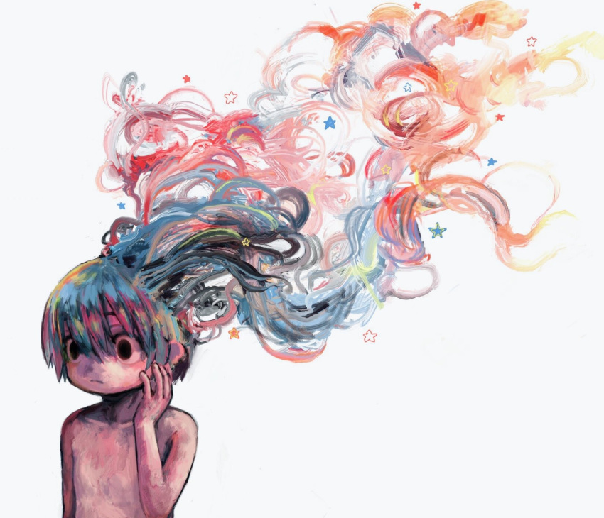 1boy 666haorare666 abstract colorful expressionless grey_background hair_between_eyes hand_up highres multicolored_hair original shirtless short_hair simple_background solo star surreal upper_body