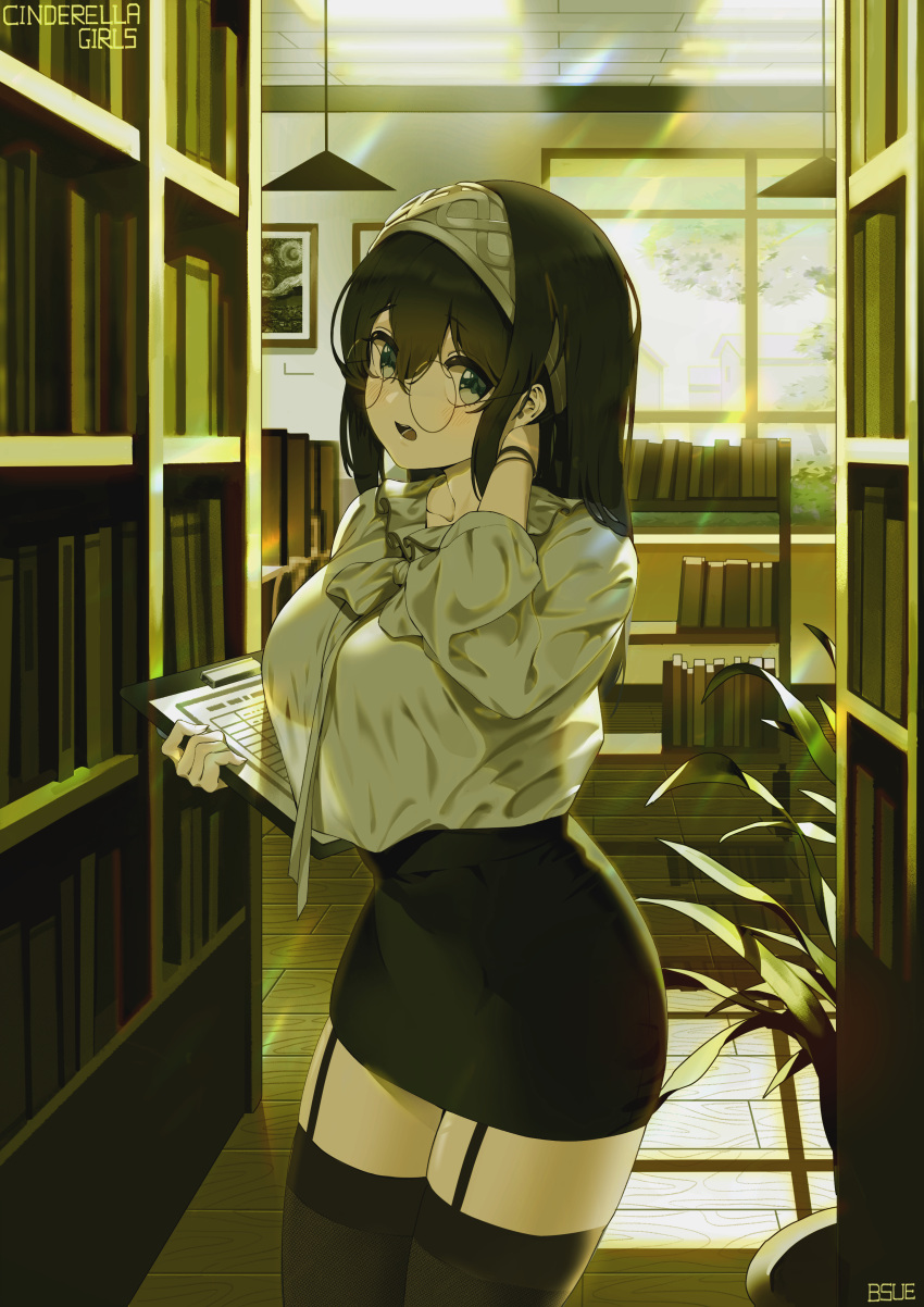 1girl :o absurdres artist_name bespectacled black_hair black_legwear black_skirt blue_eyes blush book bookshelf breasts bsue ceiling_light collarbone commentary_request cowboy_shot day garter_straps glasses grey_shirt hairband hand_in_hair hand_up high-waist_skirt highres holding idolmaster idolmaster_cinderella_girls indoors large_breasts library long_hair long_sleeves looking_at_viewer open_mouth pencil_skirt picture_frame plant round_eyewear sagisawa_fumika shirt shirt_tucked_in sidelocks skirt solo standing sunlight thigh-highs window zettai_ryouiki