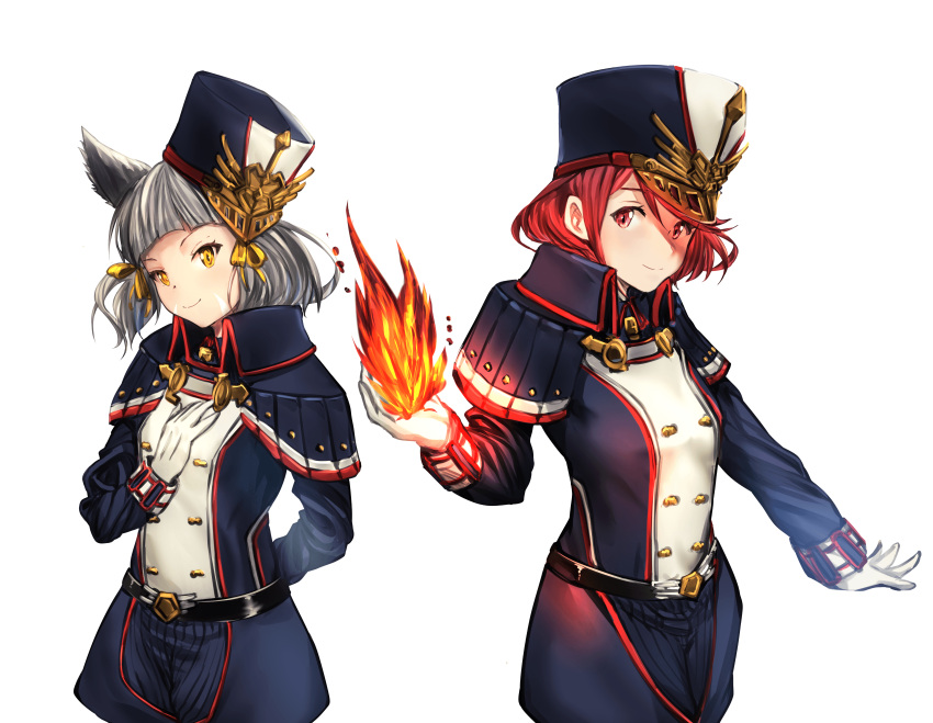 2girls absurdres animal_ears bangs belt breasts cat_ears cosplay fire gloves hat high_collar highres pyra_(xenoblade) huge_filesize looking_at_viewer meleph_(xenoblade) meleph_(xenoblade)_(cosplay) military military_hat military_uniform multiple_girls nintendo niyah pauldrons poteto_(potetosarada123) red_eyes ribbon short_hair simple_background small_breasts smile swept_bangs uniform white_background white_gloves xenoblade_(series) xenoblade_2 yellow_eyes