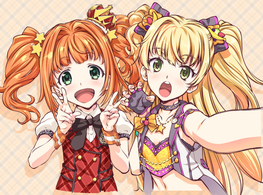 2girls arm_ribbon bangs black_bra black_gloves black_legwear blush bra eyebrows_visible_through_hair full_body gloves green_eyes green_ribbon hair_ornament half_gloves highlights highres idolmaster idolmaster_cinderella_girls idolmaster_million_live! idolmaster_million_live!_theater_days jougasaki_rika leg_ribbon long_hair looking_at_viewer multicolored_hair multiple_girls pink_hair red_ribbon ribbon shiny shiny_skin simple_background sitting sleeves solo suzuki24 takatsuki_yayoi tongue tongue_out two-tone_hair underwear very_long_hair white_background x_hair_ornament yellow_ribbon