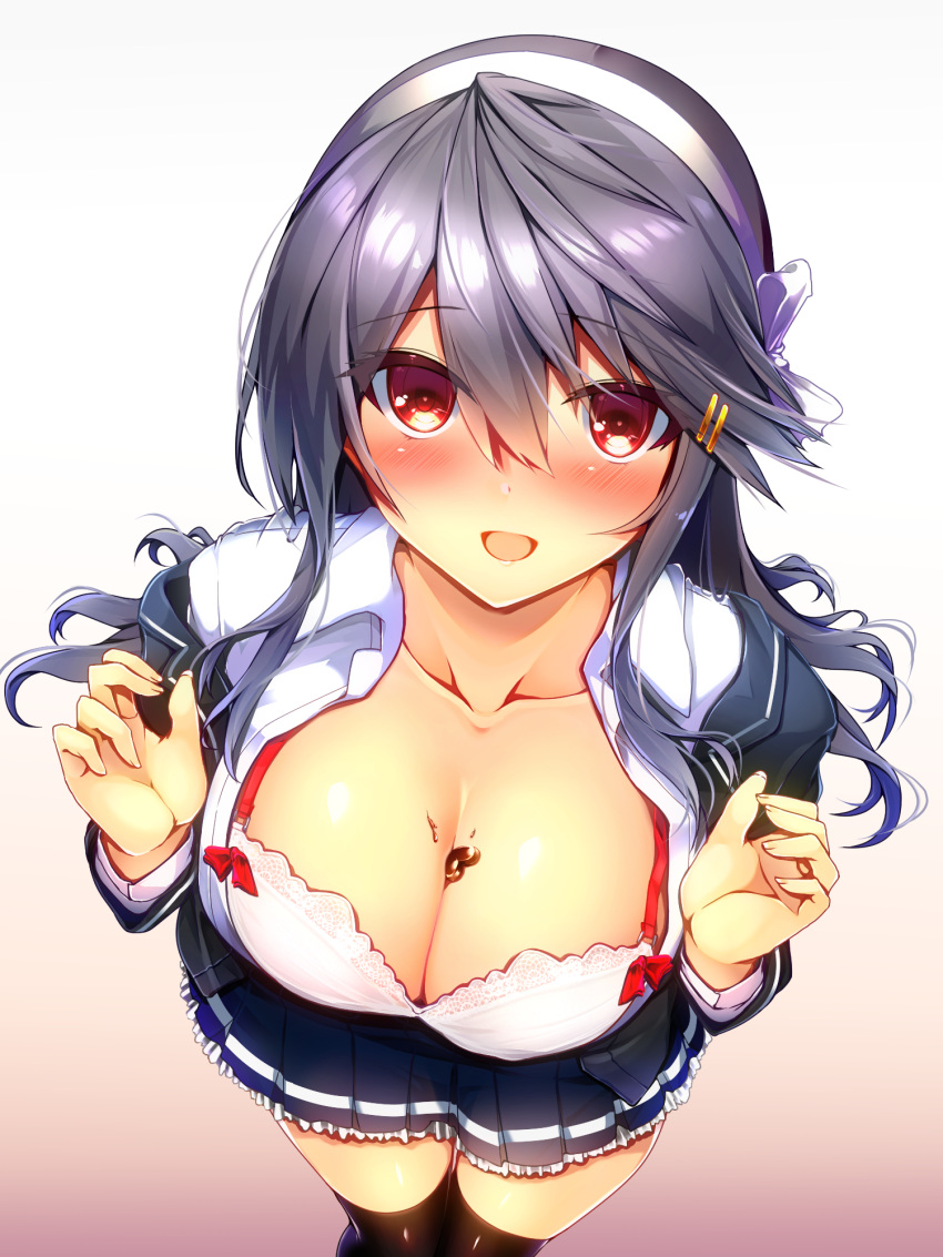 1girl bangs black_hair black_legwear blazer blue_skirt blush bra breasts chocolate cleavage closed_eyes collarbone collared_shirt gradient gradient_background grey_jacket hair_ornament hairband hands_up haruna_(kantai_collection) heart highres jacket kantai_collection lace lace-trimmed_bra large_breasts long_hair looking_at_viewer mouth_hold off_shoulder open_blazer open_clothes open_jacket open_mouth open_shirt petticoat pleated_skirt shirt sidelocks simple_background skirt solo spill swept_bangs taut_clothes taut_shirt thighs tsukui_kachou underwear valentine wardrobe_malfunction white_bra white_hairband white_shirt