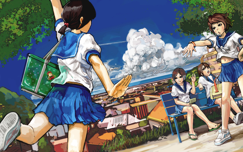 bench city cloud clouds highres original outstretched_arms school_uniform sitting skirt sky spread_arms uturo wave waving