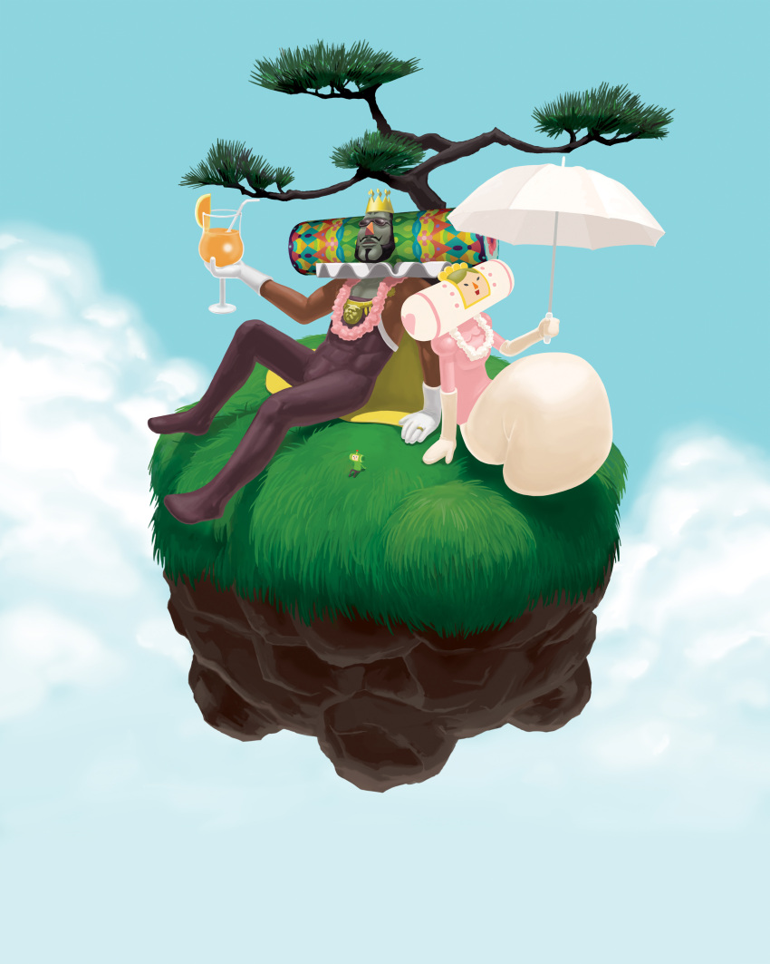 couple family highres katamari_damacy king_of_all_cosmos official_art planet queen_of_all_cosmos the_prince tree trees umbrella