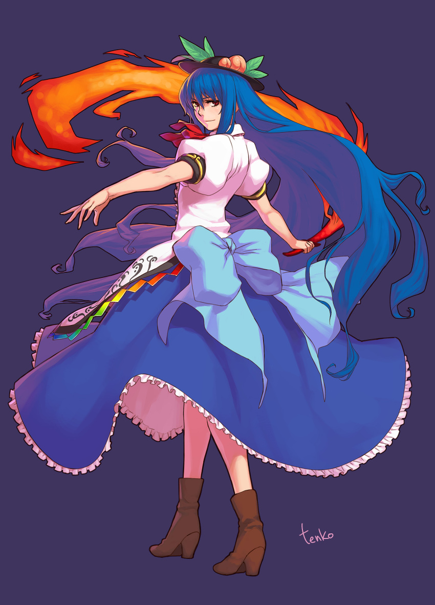 apron azusa bangs blue_hair boots fire food fruit hands hat high_heels highres hinanawi_tenshi leaf long_hair long_skirt outstretched_arms peach peaches red_eyes ribbon ribbons shoes skirt smile solo sword sword_of_hisou touhou walking weapon wind