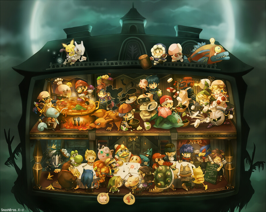 apron banana bowser captain_falcon charizard chef chef_hat chibi cooking cross-section cross_section diddy_kong donkey_kong epic everyone f-zero falco_lombardi fire_emblem fish food fox_mccloud fruit game_&amp;_watch ganondorf hat ice_climber ice_climbers ike ivysaur jigglypuff kid_icarus king_dedede kirby kirby_(series) link lucario lucas luigi luigi's_mansion luigi's_mansion mario marth meta_knight metal_gear_solid metroid mewtwo mother_(game) mother_3 mr._game_&amp;_watch nana_(ice_climber) ness nintendo olimar pichu pig pikachu pikmin pikmin_(creature) pit pointy_ears pokemon pokemon_(game) pokemon_rgby pokemon_trainer popo_(ice_climber) princess_peach princess_zelda r.o.b r.o.b. red_(pokemon) red_(pokemon)_(remake) roy roy_(fire_emblem) samus_aran solid_snake sonic sonic_the_hedgehog squirtle star_fox starfox sui_(petit_comet) super_mario_bros. super_smash_bros. the_legend_of_zelda toad toon_link waddle_dee wario warioware wolf_o'donnell wolf_o'donnell yoshi