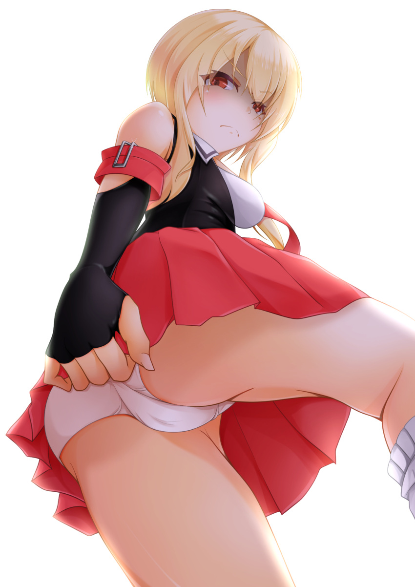 1girl armband ass azur_lane blonde_hair blush breasts fingernails from_below groin_tendon highres iya_na_kao_sare_nagara_kozukuri_sasete_moraitai juneau_(azur_lane) long_fingernails panties red_eyes red_skirt shaded_face short_hair skirt skirt_tug solo suzu_(17081023) thighs underwear white_background white_panties