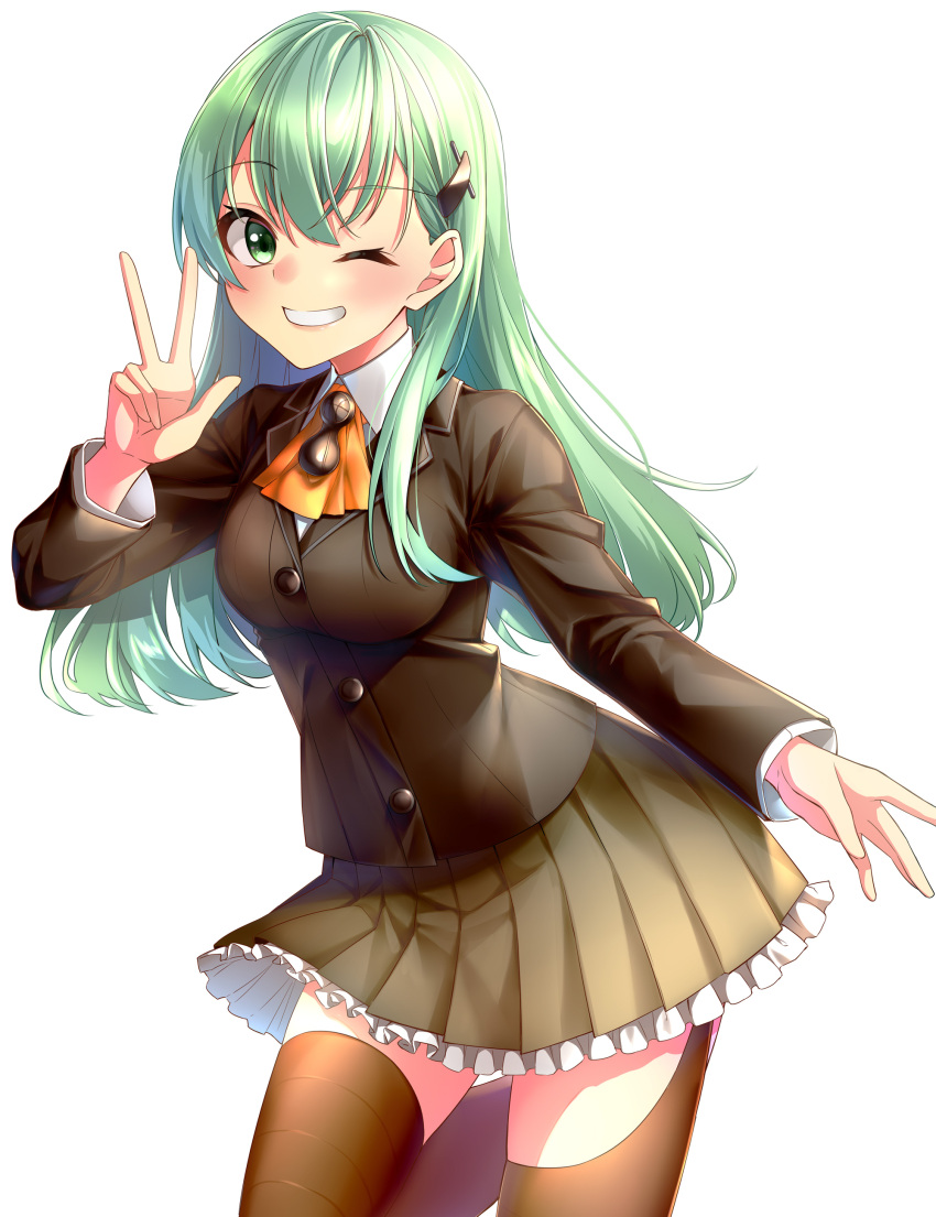 1girl absurdres aqua_eyes aqua_hair ascot blazer blush breasts brown_legwear brown_skirt collared_shirt cowboy_shot eyebrows_visible_through_hair green_eyes green_hair hair_between_eyes hair_ornament hairclip highres jacket kantai_collection long_hair long_sleeves looking_at_viewer medium_breasts one_eye_closed orange_neckwear pleated_skirt rukinya_(nyanko_mogumogu) school_uniform shirt simple_background skirt smile standing standing_on_one_leg suzuya_(kantai_collection) thigh-highs v white_background white_shirt