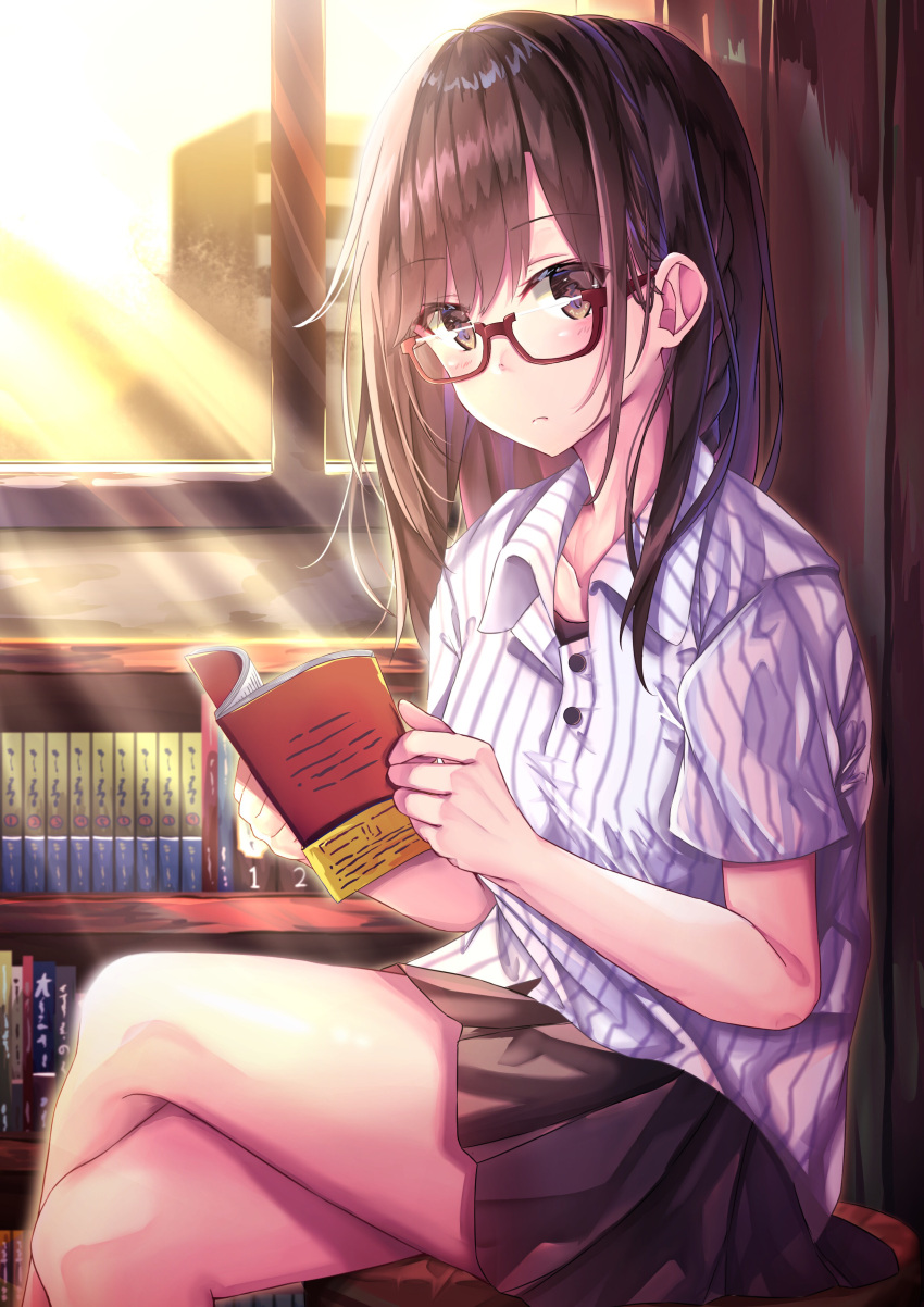 1girl absurdres black_skirt blush book bookshelf braid brown_eyes brown_hair building buttons closed_mouth collarbone collared_shirt commentary_request day dress_shirt glasses highres holding holding_book indoors legs_crossed library light_rays long_hair looking_at_viewer miniskirt open_book original pleated_skirt red-framed_eyewear semi-rimless_eyewear shirt short_sleeves sidelocks sitting skirt solo stool striped striped_shirt sunbeam sunlight thighs tsukasa_0719 white_shirt window