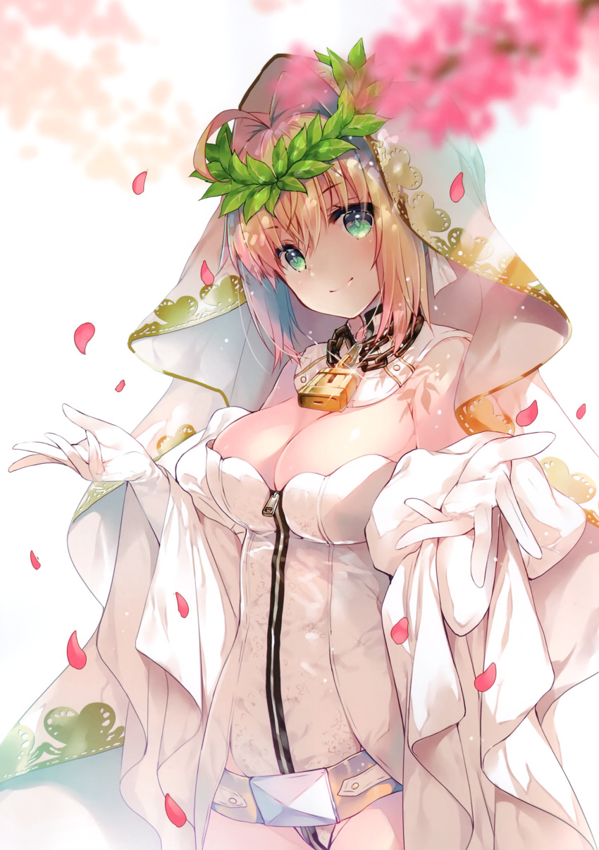 1girl absurdres bangs belt blonde_hair breasts chains cleavage closed_mouth elbow_gloves eyebrows_visible_through_hair fate/extra fate/extra_ccc fate_(series) gloves green_eyes head_wreath highres large_breasts leotard lock looking_at_viewer miwabe_sakura nero_claudius_(bride)_(fate) nero_claudius_(fate)_(all) padlock padlocked_collar petals scan shiny simple_background smile solo veil white_background zipper zipper_pull_tab