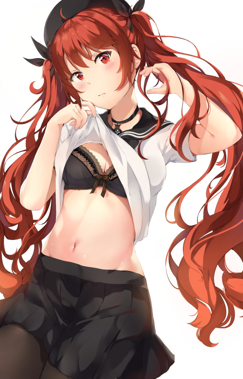 1girl azur_lane black_choker black_legwear black_ribbon black_skirt blush breasts choker closed_mouth eyebrows_visible_through_hair highres honolulu_(azur_lane) long_hair looking_at_viewer pleated_skirt ponyaru red_eyes redhead ribbon school_uniform skirt solo twintails