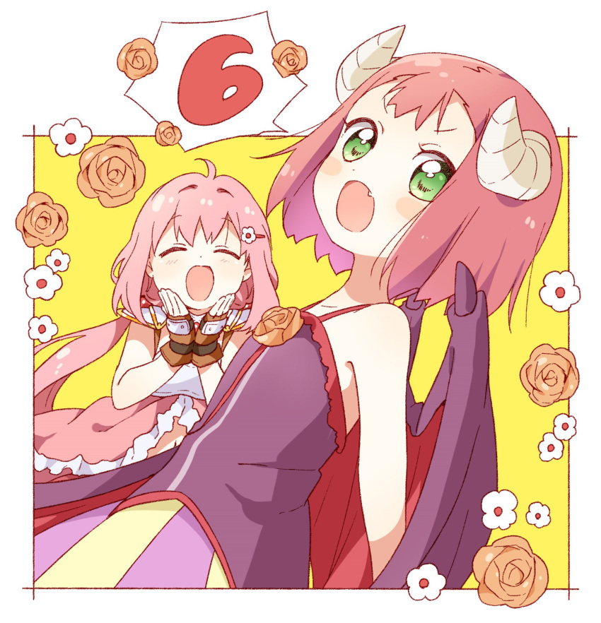 2girls blush blush_stickers demon_girl demon_horns demon_wings endro! eyebrows_visible_through_hair fang flower gloves green_eyes hair_ornament hairclip highres horns long_hair looking_at_viewer low_twintails mao_(endro!) multiple_girls navel open_mouth pink_hair pointy_ears redhead short_hair smile twintails wings yuria_shardet