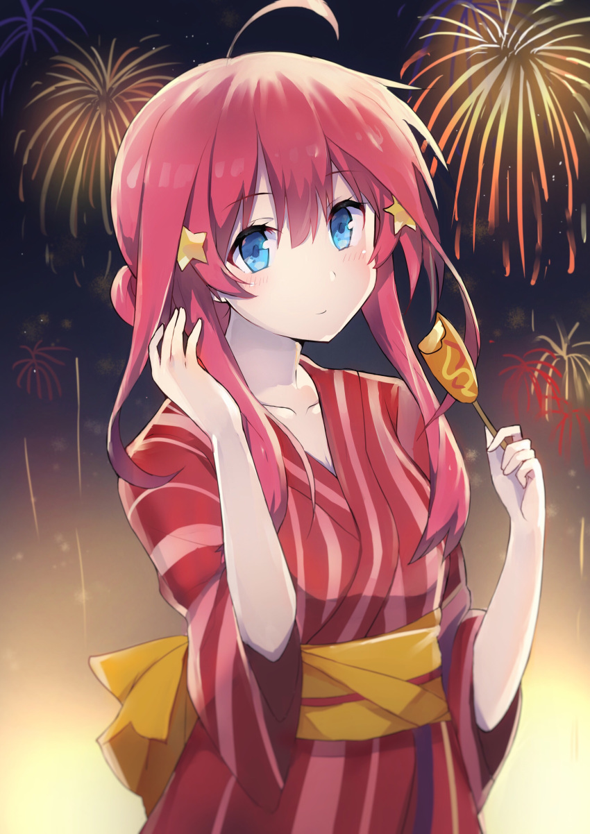 1girl absurdres ahoge arms_up blue_eyes collarbone corndog feng_mao_mc fireworks food go-toubun_no_hanayome gradient gradient_background hair_between_eyes hair_bun hair_ornament hand_in_hair head_tilt highres holding holding_food japanese_clothes kimono light_blush light_smile looking_at_viewer nakano_itsuki obi redhead sash shiny shiny_hair sidelocks solo standing star star_hair_ornament striped striped_kimono upper_body yukata