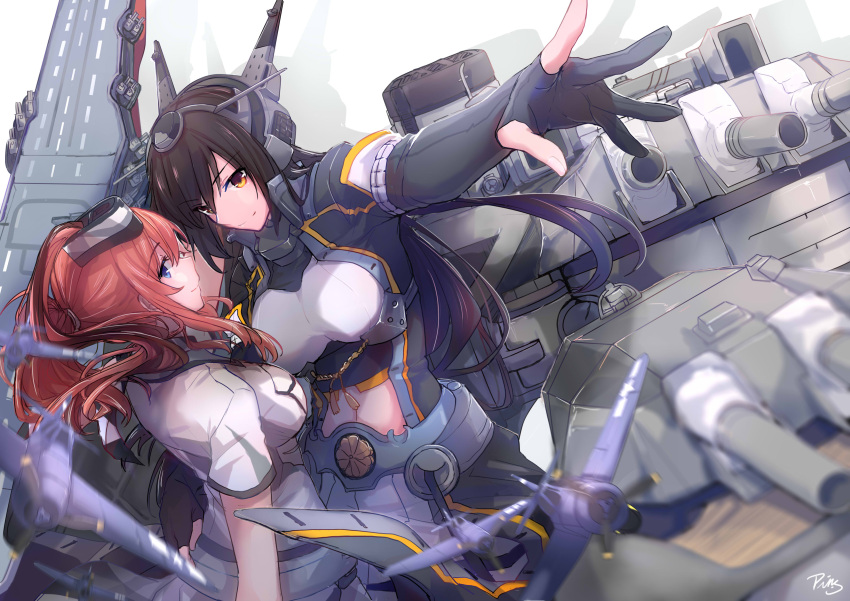 2girls absurdres aircraft airplane black_hair blue_eyes blush breast_pocket breasts brown_hair cannon dress elbow_gloves flight_deck gloves hair_between_eyes hair_ornament headgear highres kantai_collection large_breasts long_hair looking_at_viewer multiple_girls nagato_(kantai_collection) neckerchief open_mouth partly_fingerless_gloves pin.s pocket ponytail remodel_(kantai_collection) rigging saratoga_(kantai_collection) side_ponytail sidelocks signature smile smokestack thigh-highs turret white_dress