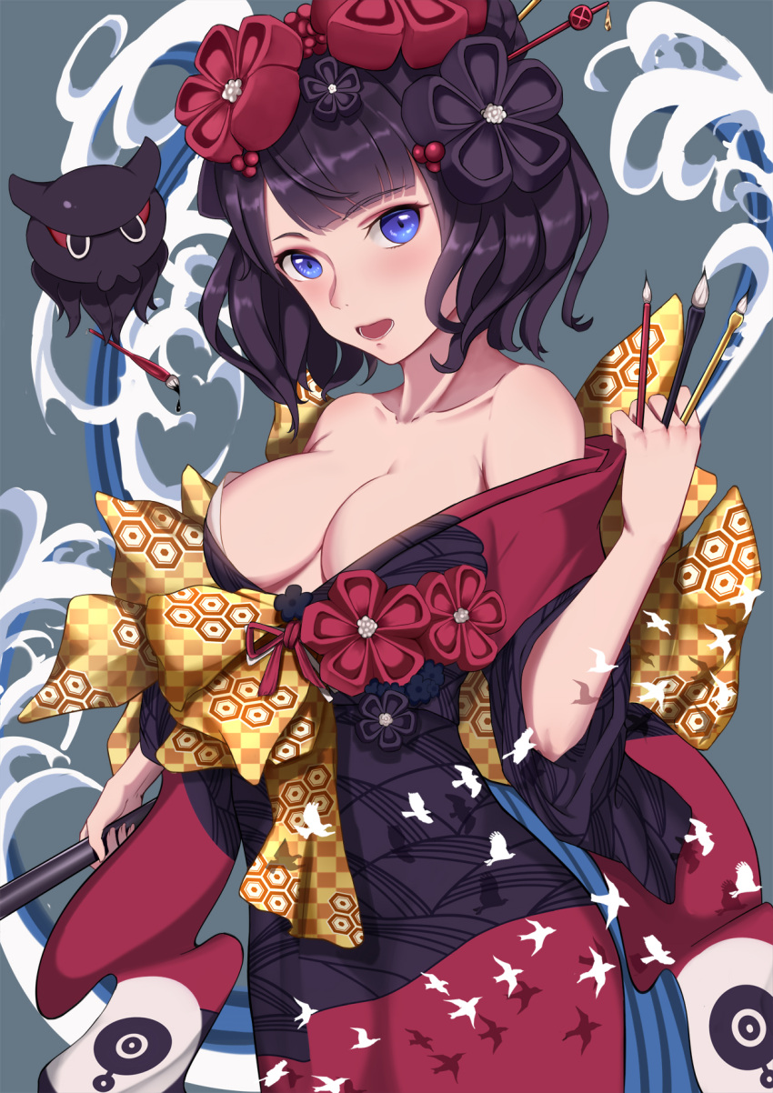 1girl bangs bare_shoulders black_hair black_kimono blue_eyes bow breasts calligraphy_brush cleavage collarbone dress fate/grand_order fate_(series) fine_art_parody flower hair_bun hair_flower hair_ornament hairpin highres holding holding_paintbrush ink japanese_clothes katsushika_hokusai_(fate/grand_order) kimono medium_breasts obi octopus off-shoulder_dress off_shoulder open_mouth orange_bow paintbrush parody parted_bangs polka_dot polka_dot_bow purple_kimono sash short_hair solo tokitarou_(fate/grand_order) waves xian_yu