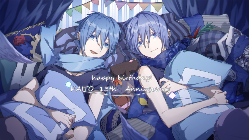 2boys anniversary bare_shoulders blue blue_eyes blue_flower blue_hair blue_rose blue_shirt commentary dual_persona english_commentary flag flower happy_birthday heart highres holding holding_pillow kaito kaito_(vocaloid3) leaf looking_at_viewer lying multiple_boys on_back petals pillow rose scarf shirt short_hair short_sleeves smile striped_pillow t-shirt vocaloid wings ziling