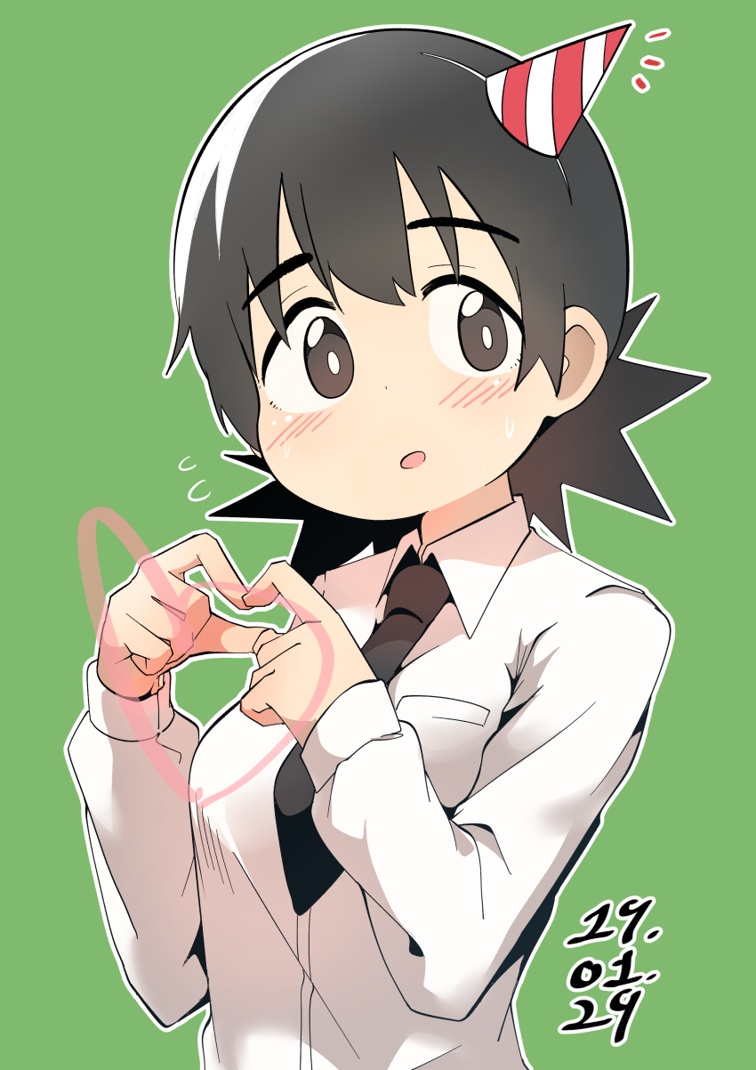 1girl absurdres blush brown_eyes brown_hair bural_chingu dated eyebrows eyebrows_visible_through_hair green_background hat heart heart_hands highres looking_at_viewer necktie open_mouth party_hat school_uniform seong_mi-na_(bural_chingu) shirt short_hair simple_background smile solo tareme wweedpic