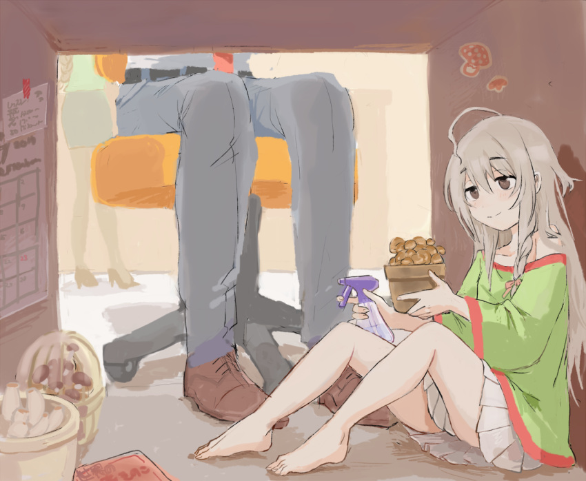 1boy 1girl a_ichi ahoge bangs barefoot blush bottle braid brown_footwear calendar_(object) closed_mouth from_side green_shirt grey_eyes grey_pants hair_between_eyes hair_ribbon holding hoshi_shouko idolmaster idolmaster_cinderella_girls off-shoulder_shirt off_shoulder out_of_frame pants pink_ribbon pleated_skirt ribbon shirt short_sleeves side_braid single_braid sitting skirt smile solo_focus spray_bottle standing tress_ribbon white_skirt