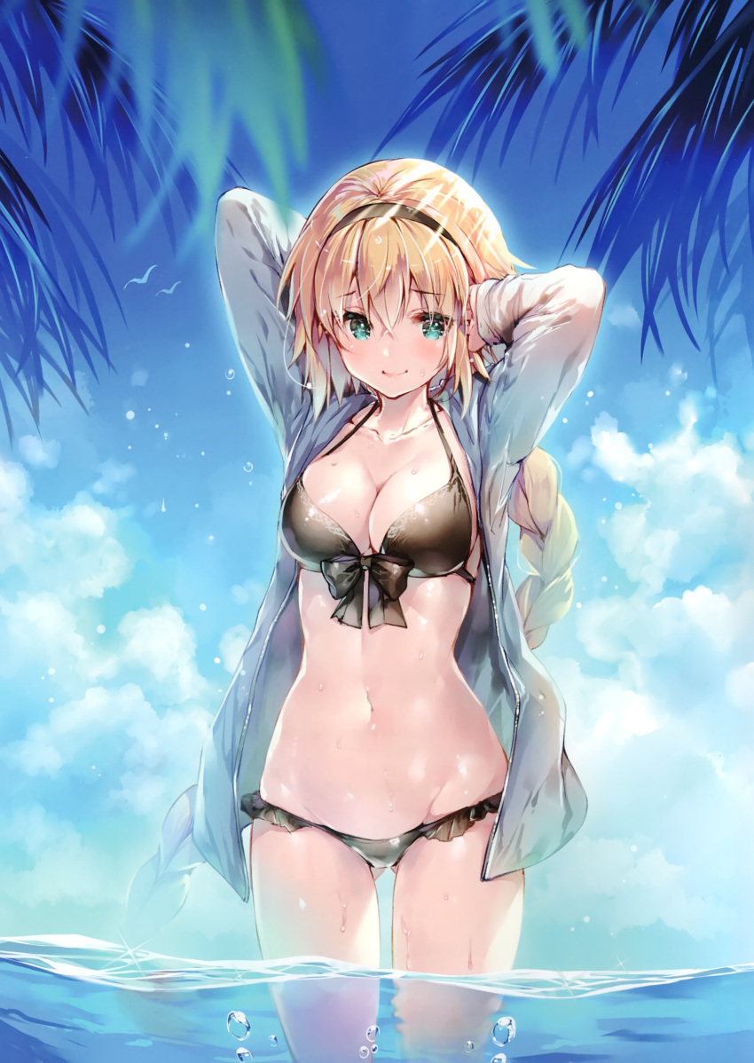 1girl absurdres arms_up bikini black_bikini blonde_hair blue_eyes blue_sky blurry blurry_foreground braid breasts cleavage collarbone cowboy_shot day depth_of_field eyebrows_visible_through_hair fate/grand_order fate_(series) hairband halterneck highres hood hooded_jacket hoodie jacket jeanne_d'arc_(fate)_(all) jeanne_d'arc_(swimsuit_archer) long_hair lowleg lowleg_bikini medium_breasts miwabe_sakura navel open_clothes open_hoodie open_jacket outdoors scan shiny shiny_skin single_braid sky solo swimsuit very_long_hair wading wet