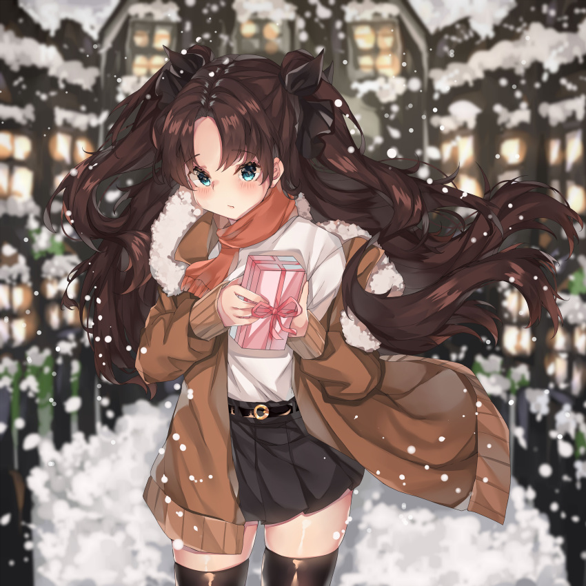 1girl absurdres bangs black_hair black_legwear black_skirt blue_eyes blush brown_jacket commentary english_commentary eyebrows_visible_through_hair fate/stay_night fate_(series) gift hair_ribbon highres holding holding_gift houses jacket kanniepan long_hair looking_at_viewer outdoors parted_bangs pleated_skirt red_scarf ribbon scarf shirt skirt snow solo standing thigh-highs tohsaka_rin two_side_up white_shirt window