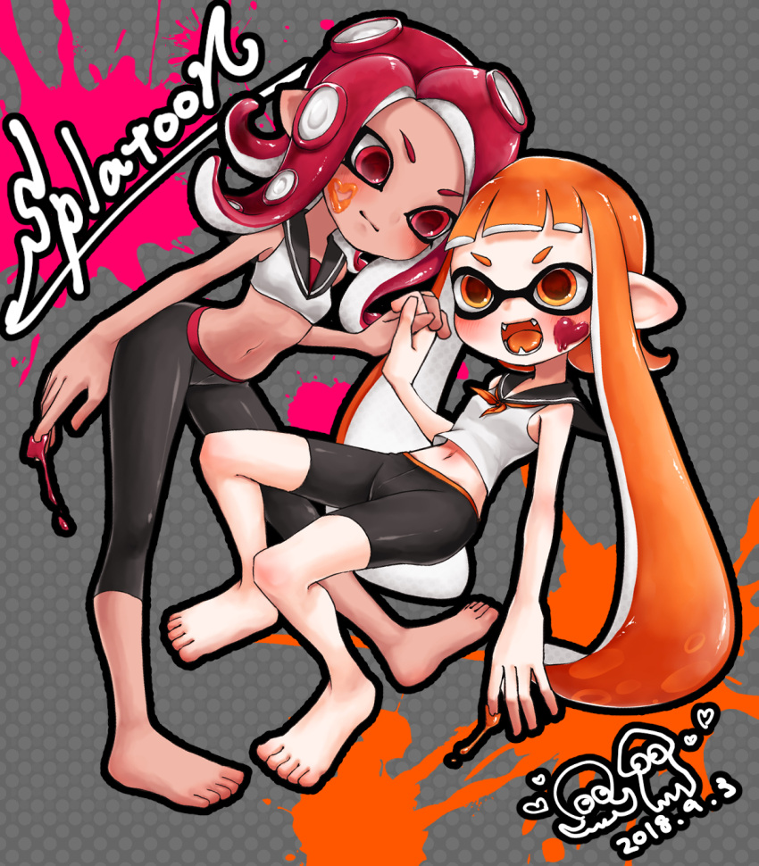 2girls :d bangs barefoot black_pants black_sailor_collar closed_mouth copyright_name dark_skin dress fangs hand_holding heart highres inkling interlocked_fingers long_hair minazukio9 multiple_girls navel neckerchief octarian octoling octopus open_mouth orange_eyes orange_hair orange_tongue paint_splatter pants polka_dot polka_dot_background red_eyes red_neckwear redhead sailor_collar school_uniform serafuku shirt sleeveless sleeveless_dress smile splatoon splatoon_(series) splatoon_2 squid suction_cups tentacle_hair white_shirt