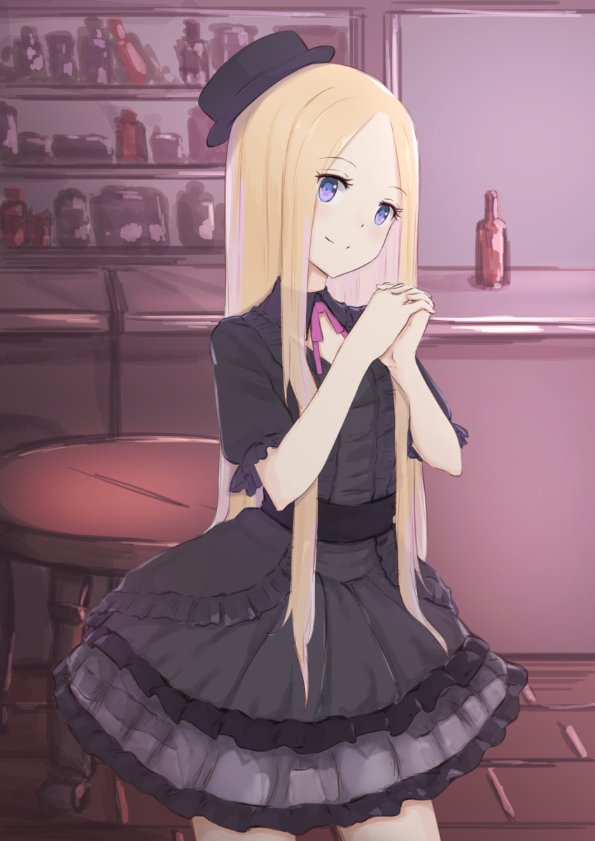 1girl abigail_williams_(fate/grand_order) alternate_costume bangs black_dress black_hat blonde_hair blush bottle closed_mouth commentary_request cowboy_shot dress eyebrows_visible_through_hair fate/grand_order fate_(series) forehead hands_together hands_up hat head_tilt highres indoors interlocked_fingers jilu long_hair own_hands_together parted_bangs smile solo standing table tilted_headwear very_long_hair violet_eyes