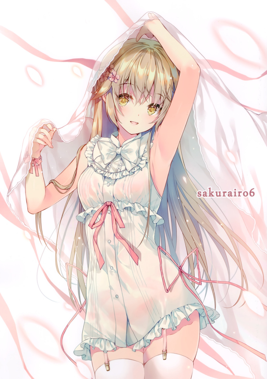 1girl absurdres arm_up armpits bangs bare_arms bare_shoulders blanket blonde_hair bracelet breasts buttons dress eyebrows_visible_through_hair flower frilled_dress frills garter_straps hair_flaps hair_flower hair_ornament head_tilt highres jewelry long_hair looking_at_viewer miwabe_sakura open_mouth original panties pink_flower pink_panties pink_ribbon ribbon scan see-through sidelocks sleeveless sleeveless_dress smile solo standing thigh-highs underwear white_background white_legwear wrist_ribbon yellow_eyes