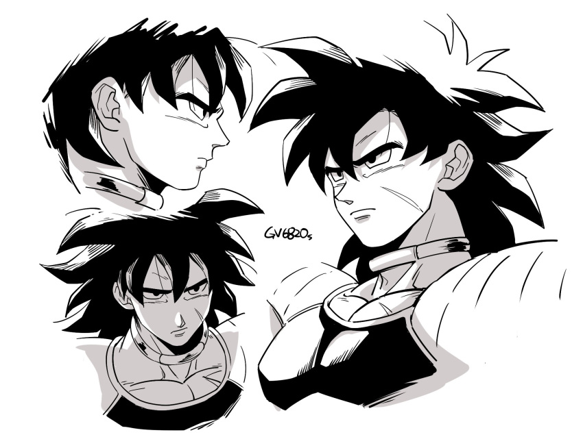 1boy armor black_hair broly_(dragon_ball_super) clone close-up dragon_ball dragon_ball_super_broly expressionless face from_above from_below frown greyscale highres jewelry looking_away male_focus monochrome necklace profile scar serious shaded_face simple_background spiky_hair tama_azusa_hatsu twitter_username upper_body white_background