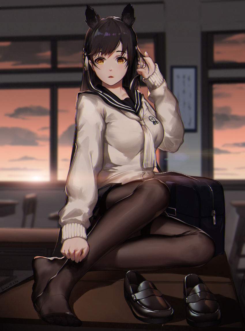 1girl absurdres alternate_costume animal_ears atago_(azur_lane) atago_(school_daydream)_(azur_lane) azur_lane bag bangs black_footwear black_hair black_legwear black_sailor_collar black_skirt breasts brown_eyes classroom commentary_request desk duffel_bag extra_ears eyebrows_visible_through_hair feet hair_behind_ear hair_ribbon hand_in_hair highres indoors large_breasts legs loafers long_hair looking_at_viewer luomo neckerchief on_desk pantyhose parted_lips pleated_skirt ribbon sailor_collar school_uniform shoes shoes_removed sitting skirt solo swept_bangs white_neckwear white_ribbon window