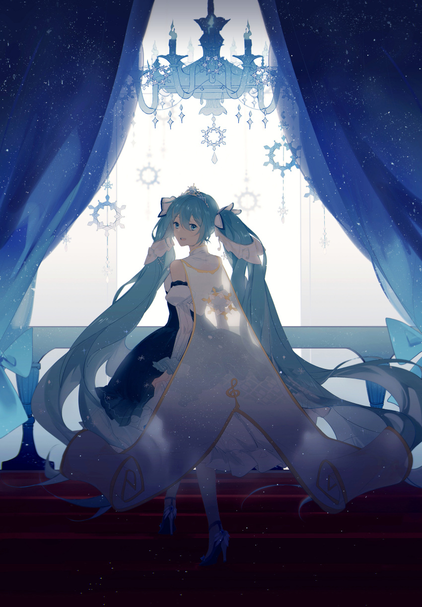 1girl absurdly_long_hair absurdres aqua- aqua_eyes aqua_hair blue_hair cape chandelier curtains detached_sleeves dress frilled_dress frills hatsune_miku high_heels highres long_hair looking_back open_mouth smile snowflake_print snowflakes stairs tiara twintails very_long_hair vocaloid window yuki_miku