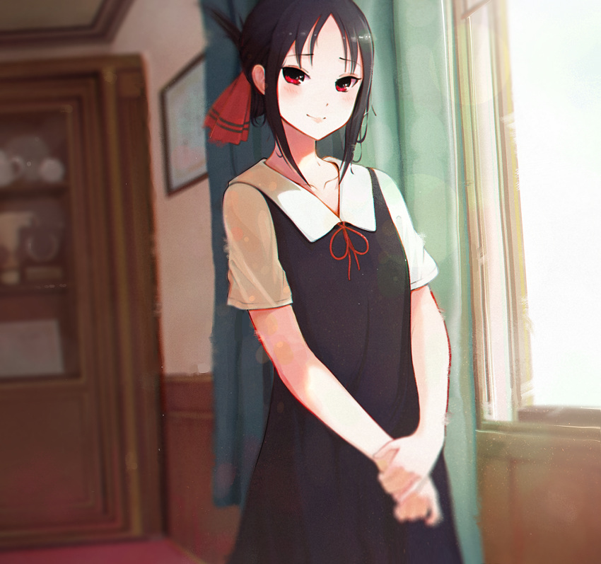 1girl background bangs black_dress black_hair blurry blush breasts cabinet curtains dress folded_ponytail hair_ribbon hanr10 highres indoors kaguya-sama_wa_kokurasetai_~tensai-tachi_no_renai_zunousen~ looking_at_viewer medium_hair parted_bangs red_eyes red_ribbon ribbon school_uniform shinomiya_kaguya short_sleeves sidelocks small_breasts smile solo window