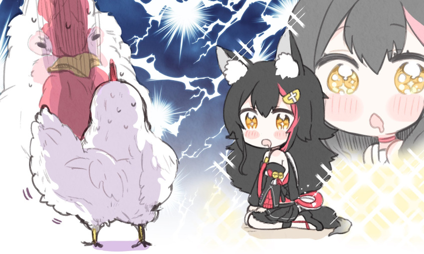 1girl animal animal_ear_fluff animal_ears bird black_hair blush chestnut_mouth chicken detached_sleeves dress drooling hair_ornament hairclip highres hololive japanese_clothes kneeling lightning long_hair noyama_(noyama8888) ookami_mio open_mouth shaded_face sleeveless sleeveless_dress sparkling_eyes sweatdrop tail very_long_hair virtual_youtuber wolf_ears wolf_girl wolf_tail