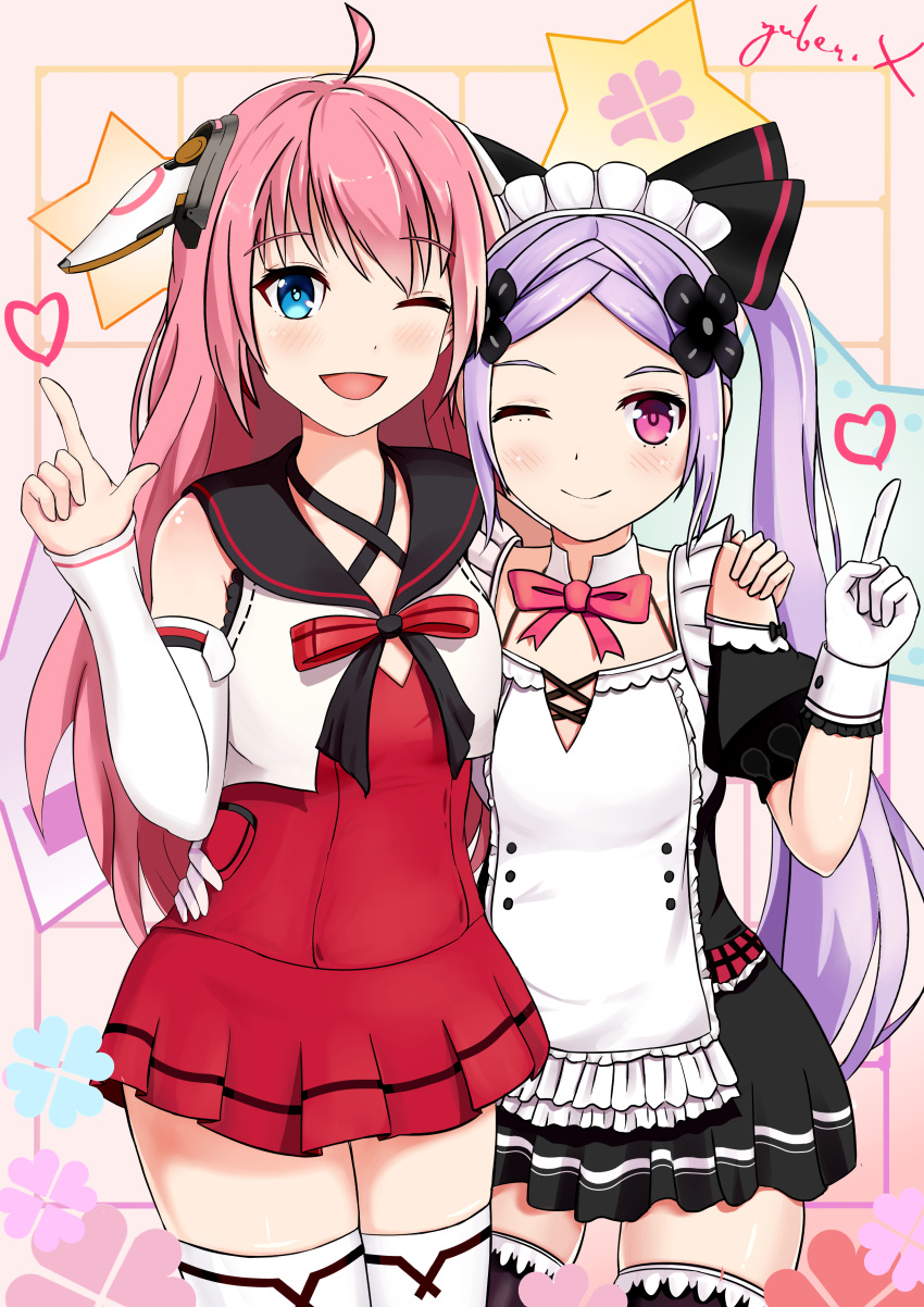 2girls ;d absurdres ahoge bare_shoulders blue_eyes blush breasts commentary_request detached_collar detached_sleeves dress gloves hand_on_shoulder heart highres long_hair maid maid_headdress multiple_girls one_eye_closed open_mouth pink_eyes pink_hair pleated_skirt purple_hair red_dress ribbon sailor_collar signature skirt small_breasts smile thigh-highs thighs twintails virtual_dimension_project white_gloves xiao_tao xiao_xi yuber.x zettai_ryouiki