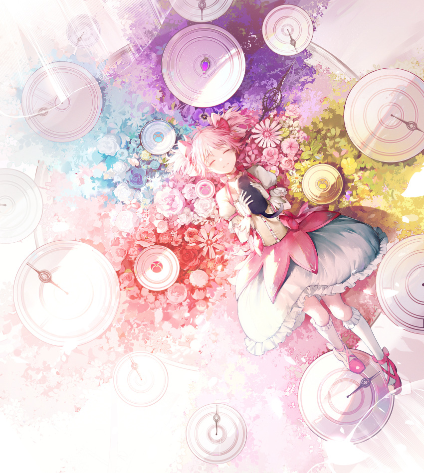 1girl absurdres bai_qi-qsr colorful gloves hair_ribbon highres kaname_madoka magical_girl mahou_shoujo_madoka_magica pink_hair ribbon short_hair short_twintails smile twintails
