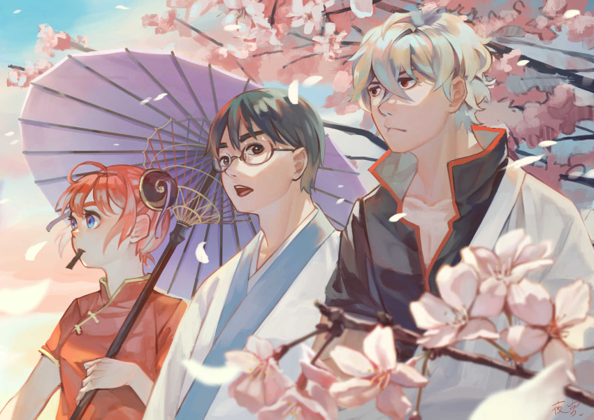 1girl 2boys ahoge black_hair blue_eyes blurry brown_eyes bun_cover cherry_blossoms china_dress chinese_clothes collarbone commentary_request depth_of_field dress gintama glasses hadanugi_dousa hair_between_eyes highres holding holding_umbrella japanese_clothes kagura_(gintama) kimono multiple_boys open_mouth oriental_umbrella pink_hair red_dress red_eyes sakata_gintoki semi-rimless_eyewear shimura_shinpachi short_hair silver_hair sophie_usui spring_(season) umbrella under-rim_eyewear upper_body white_kimono