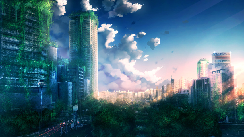 anonamos blue_sky building car city cityscape clouds commentary_request day gradient_sky ground_vehicle highres lamppost motor_vehicle no_humans original outdoors overgrown plant post-apocalypse road scenery sky skyscraper tree vines