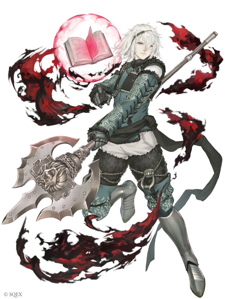 2boys absurdres armor armored_boots book boots chains darkness full_body fur_trim gloves green_eyes grimoire_weiss highres ji_no multiple_boys nier nier_(series) nier_(young) official_art polearm serious sinoalice spear square_enix weapon white_background white_hair