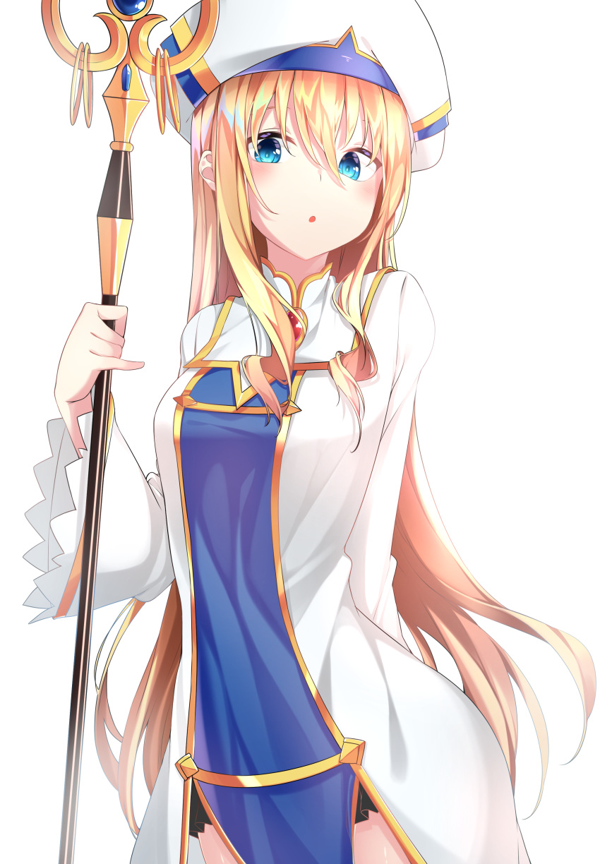 1girl :o absurdres arm_behind_back bangs blonde_hair blue_eyes blush breasts commentary_request cowboy_shot dress goblin_slayer! hair_between_eyes hat highres holding holding_weapon lira long_hair long_sleeves looking_at_viewer multicolored multicolored_clothes multicolored_hat priestess_(goblin_slayer!) small_breasts solo staff weapon wide_sleeves