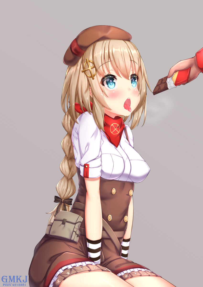 absurdres artist_name belt_pouch beret blue_eyes breasts brown_hair chocolate_bar commentary_request fn_fnc_(girls_frontline) girls_frontline gmkj gradient gradient_background hair_ornament hat heavy_breathing highres long_braid long_hair open_mouth out_of_frame pouch saliva scarf simple_background solo_focus tongue tongue_out