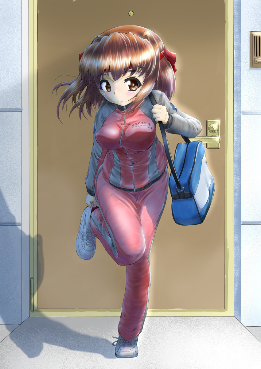 1girl absurdres bag bangs brown_eyes brown_hair carrying closed_mouth clothes_writing commentary cross-laced_footwear daxz240r day door emblem eyebrows_visible_through_hair full_body girls_und_panzer gym_uniform headband highres jacket kondou_taeko leg_up light_blush long_sleeves looking_at_viewer medium_hair ooarai_(emblem) outdoors pants putting_on_shoes raglan_sleeves red_headband school_bag shadow shoes single_vertical_stripe smile sneakers solo standing standing_on_one_leg track_jacket track_pants translated white_footwear