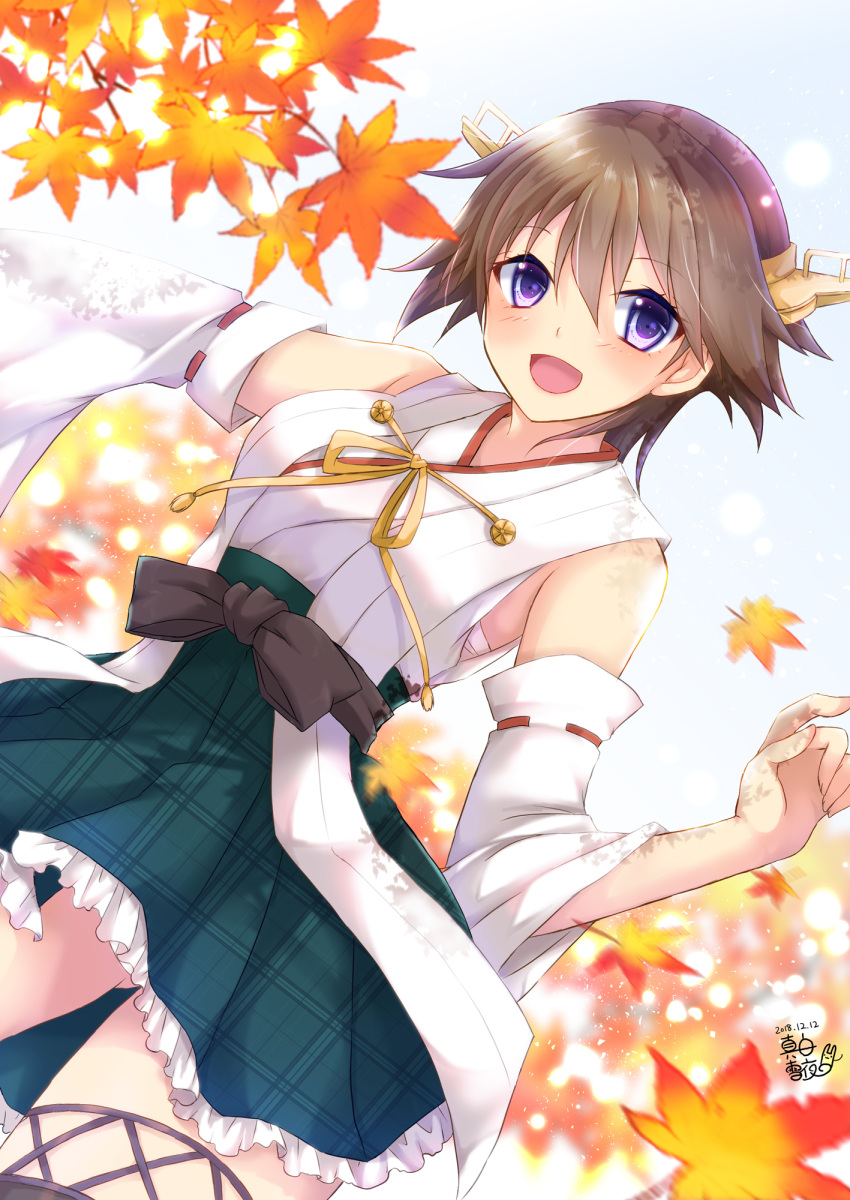 0yukiya0 1girl artist_logo autumn_leaves bare_shoulders boots brown_hair cowboy_shot dated detached_sleeves flipped_hair green_skirt hairband headgear hiei_(kantai_collection) highres kantai_collection looking_at_viewer no_legwear nontraditional_miko plaid plaid_skirt ribbon-trimmed_sleeves ribbon_trim short_hair skirt solo thigh-highs thigh_boots unmoving_pattern w_arms