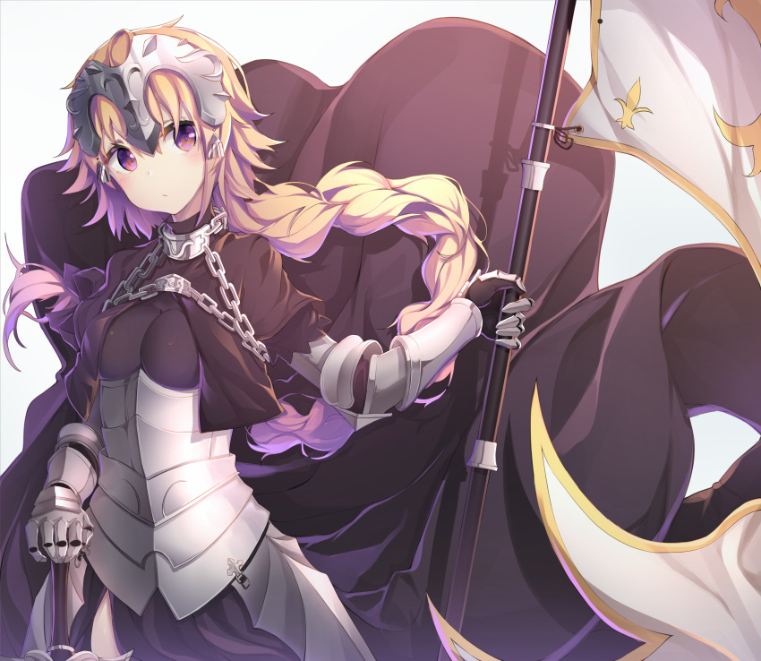 1girl absurdres armor armored_dress bangs black_dress blonde_hair blush braid breasts chains commentary_request cowboy_shot dress eyebrows_visible_through_hair fate/apocrypha fate_(series) flag gauntlets hair_ornament hand_on_weapon headpiece highres holding jeanne_d'arc_(fate) jeanne_d'arc_(fate)_(all) large_breasts lira long_hair looking_at_viewer short_hair solo standard_bearer sword violet_eyes weapon