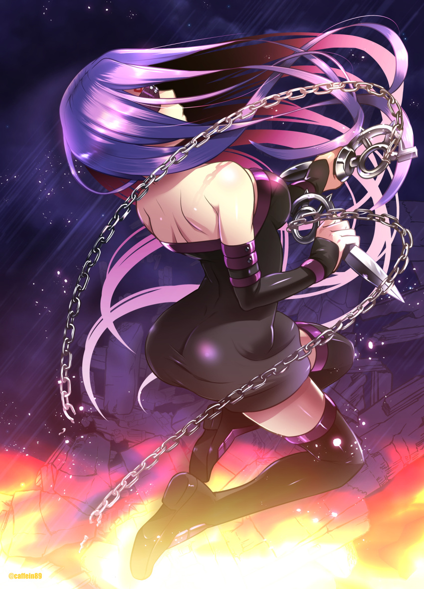 1girl back blindfold boots caffein chains collar elbow_gloves facial_mark fate/stay_night fate_(series) forehead_mark gloves highres long_hair purple_hair rider sleeveless solo thigh-highs thigh_boots very_long_hair