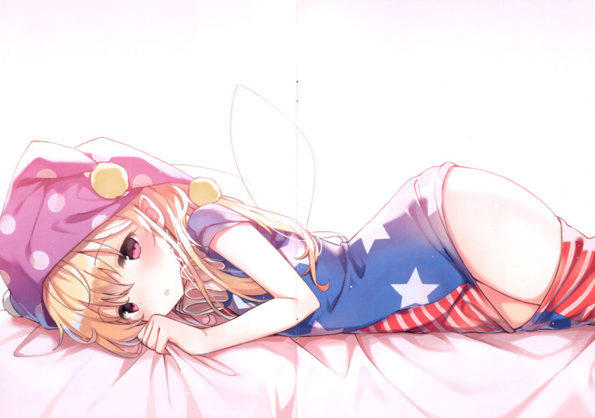 1girl american_flag_pants american_flag_shirt bangs bed blonde_hair blush closed_mouth clownpiece eyebrows_visible_through_hair eyelashes fairy_wings hair_between_eyes hand_up hat jester_cap long_hair looking_at_viewer lying neck_ruff non-web_source on_stomach pants pink_eyes pink_headwear pointy_ears polka_dot pom_pom_(clothes) shirt shnva short_sleeves simple_background solo star_(symbol) star_print striped striped_pants striped_shirt teeth touhou white_background wings