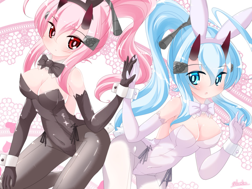 2girls :o alternate_costume animal_ears azur_lane bangs bare_shoulders black_hairband black_neckwear blue_eyes blue_hair blush bow bowtie breasts brown_gloves brown_legwear brown_leotard bunny_girl bunnysuit cleavage closed_mouth collar commentary_request covered_navel detached_collar elbow_gloves eyebrows_visible_through_hair fake_animal_ears gloves hair_between_eyes hair_ornament hairband hands_together high_ponytail horns ikazuchi_(azur_lane) inazuma_(azur_lane) kanijiru leotard long_hair looking_at_viewer medium_breasts multiple_girls pantyhose parted_lips pink_hair ponytail rabbit_ears red_eyes strapless strapless_leotard twitter_username very_long_hair white_collar white_gloves white_hairband white_legwear white_leotard white_neckwear wrist_cuffs