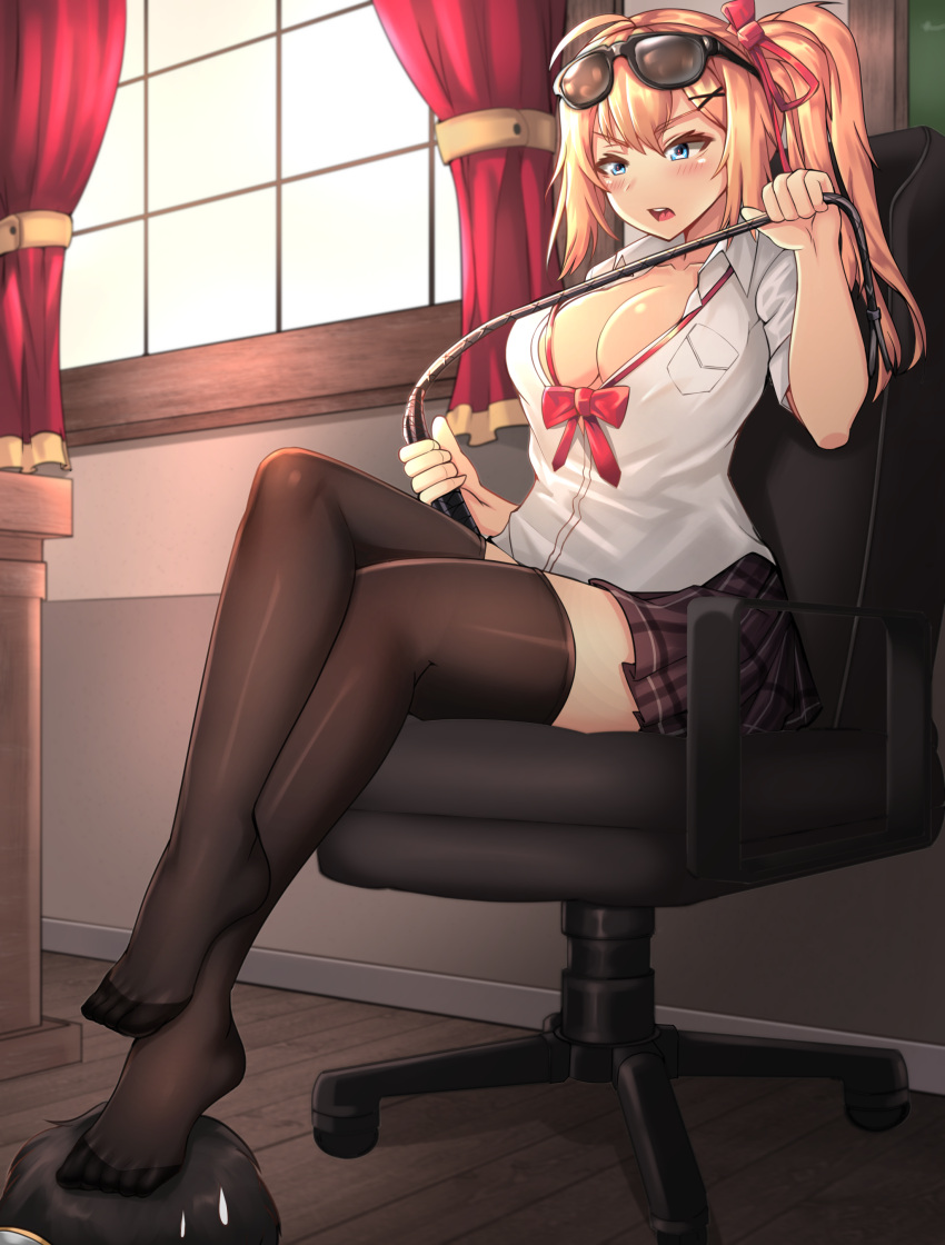 1boy 1girl absurdres ahoge black-framed_eyewear black_hair black_legwear blonde_hair blue_eyes blush bow bowtie breast_pocket breasts chair cleavage clyde_s collarbone collared_shirt curtains eyebrows_visible_through_hair eyewear_on_head femdom foot_on_head girls_frontline hair_ornament hair_ribbon hairclip highres indoors kalina_(girls_frontline) large_breasts legs_crossed long_hair looking_down loose_bowtie no_bra no_shoes on_chair open_clothes open_mouth open_shirt plaid plaid_skirt pleated_skirt pocket purple_skirt red_neckwear red_ribbon ribbon riding_crop shirt short_sleeves side_ponytail sitting skirt solo_focus stepping sunglasses thigh-highs upper_teeth v-shaped_eyebrows white_shirt window x_hair_ornament zettai_ryouiki