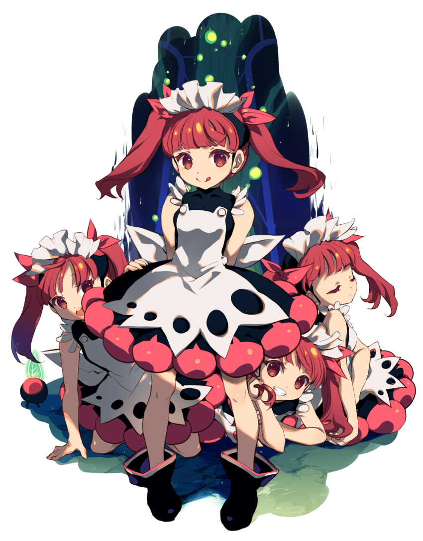 4girls :d :q arms_behind_back black_footwear blush bonnet boots brown_eyes chin_rest closed_eyes closed_mouth creature dress grin hair_ribbon highres kemurikusa kneeling long_hair looking_at_viewer lying multiple_girls on_stomach open_mouth pink_ribbon redhead ribbon rina_(kemurikusa) sagano_aoi sitting sleeveless sleeveless_dress smile standing tongue tongue_out twintails white_background