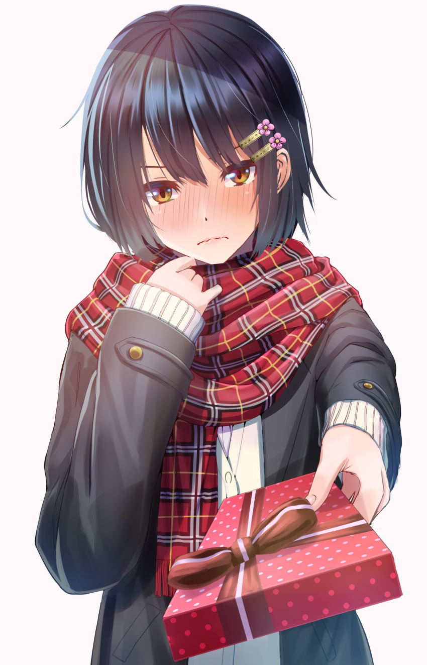 /\/\/\ 1girl absurdres black_coat black_hair blush box brown_eyes brown_ribbon closed_mouth coat commentary_request embarrassed fringe_trim gift gift_box giving hair_ornament hairclip hand_up head_tilt highres holding holding_box incoming_gift long_sleeves nose_blush open_clothes open_coat original plaid plaid_scarf polka_dot red_scarf ribbon rur_(ml_ruru) scarf short_hair sidelocks simple_background sleeves_past_wrists solo standing undershirt upper_body valentine wavy_mouth white_background white_cardigan