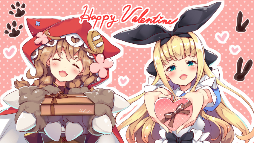 2girls apron bangs black_bow blonde_hair blue_dress blush bow box box_of_chocolates braid brown_hair buttons cloak closed_eyes dress eyebrows_visible_through_hair gift gloves green_eyes hair_between_eyes hair_bow hairband happy_valentine head_tilt heart heart-shaped_box highres holding holding_box holding_gift hood hooded_cloak incoming_gift long_hair looking_at_viewer low_twin_braids moeki_yuuta mononobe_alice multiple_girls nijisanji open_mouth paw_gloves paws pink_background polka_dot polka_dot_background puffy_short_sleeves puffy_sleeves ribbon short_sleeves smile twin_braids upper_body valentine very_long_hair virtual_youtuber warabeda_meijii